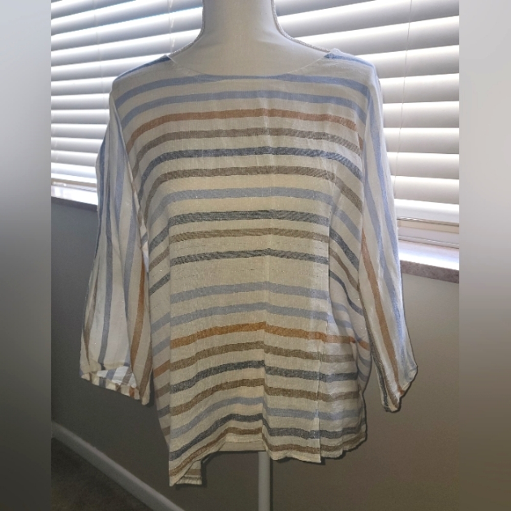 Charlie B Over-sized Striped Top Blue, Cream, Grey & Khaki Stripes  Size XL